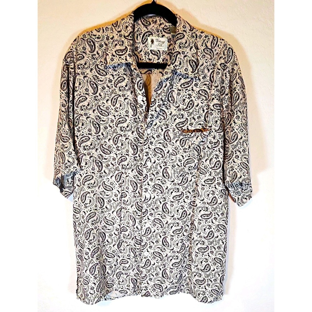 Vintage Silk Men's L White Black Paisley 100% Silk Woven Short Sleeve Shirt Y2k
